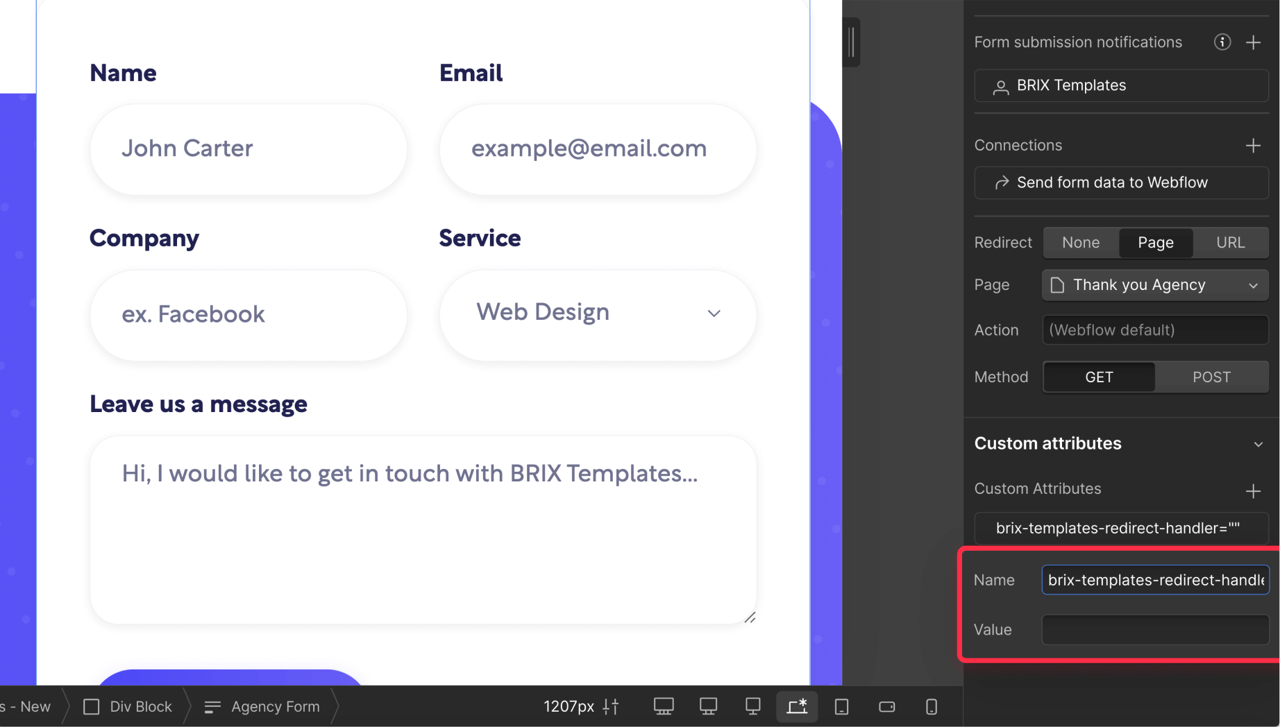 Add custom attribute to Webflow form for select redirect handler
