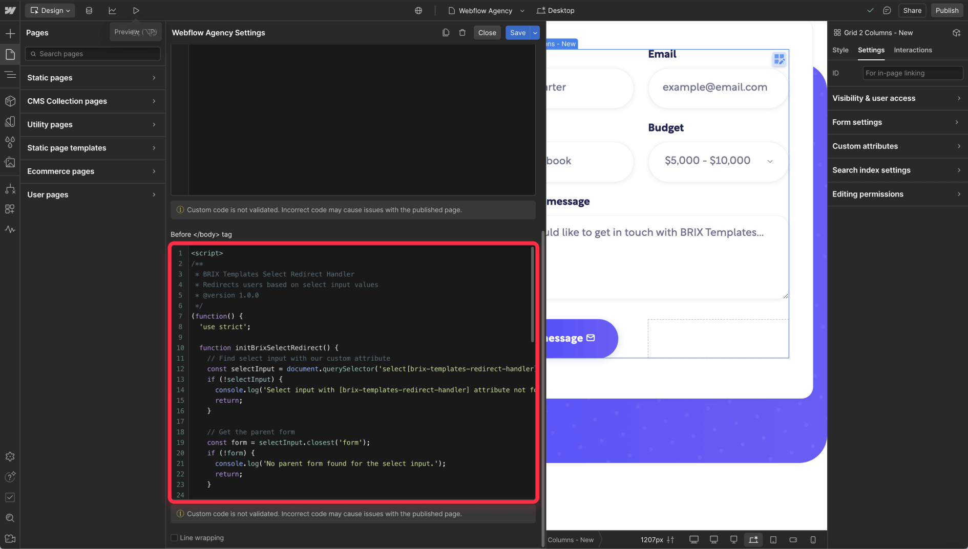Add form select redirect handler to Webflow page