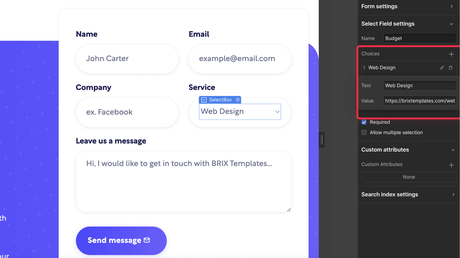 Configure redirect options on Webflow form select input