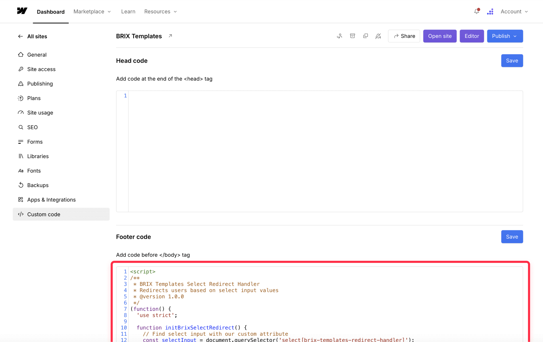Setup form select redirect handler to Webflow project