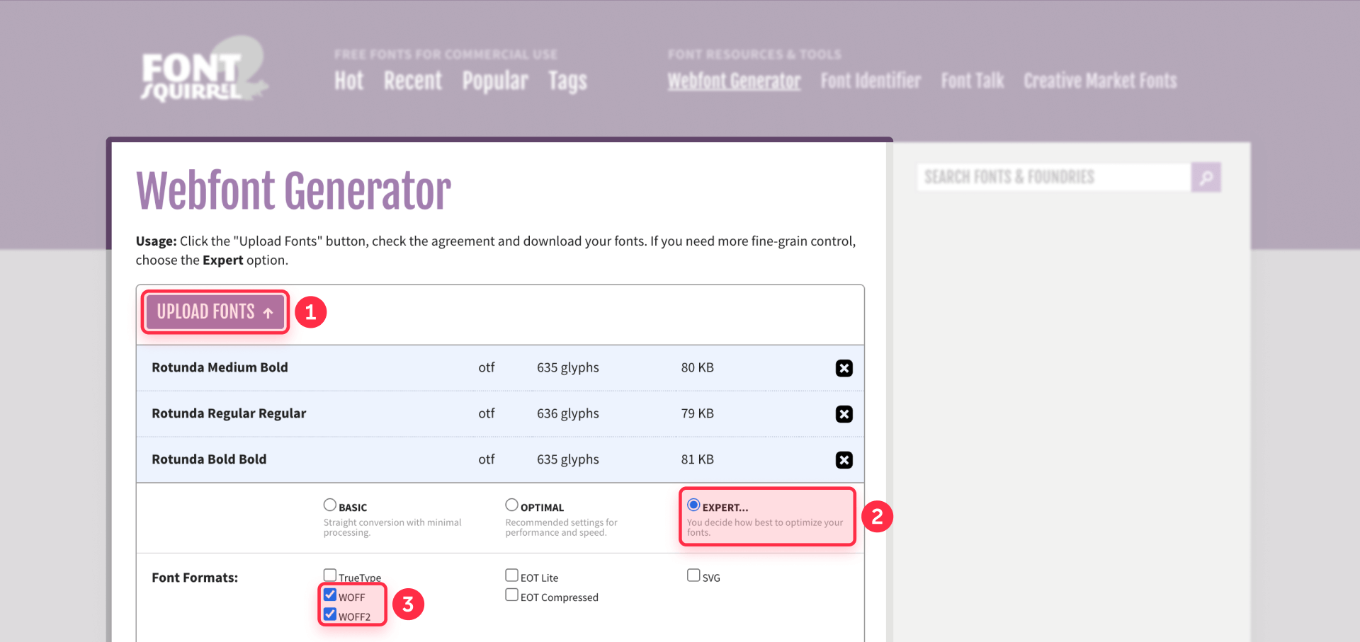 How To Upload A Font To The Font Squirrel Webfont Generator In Expert Mode'