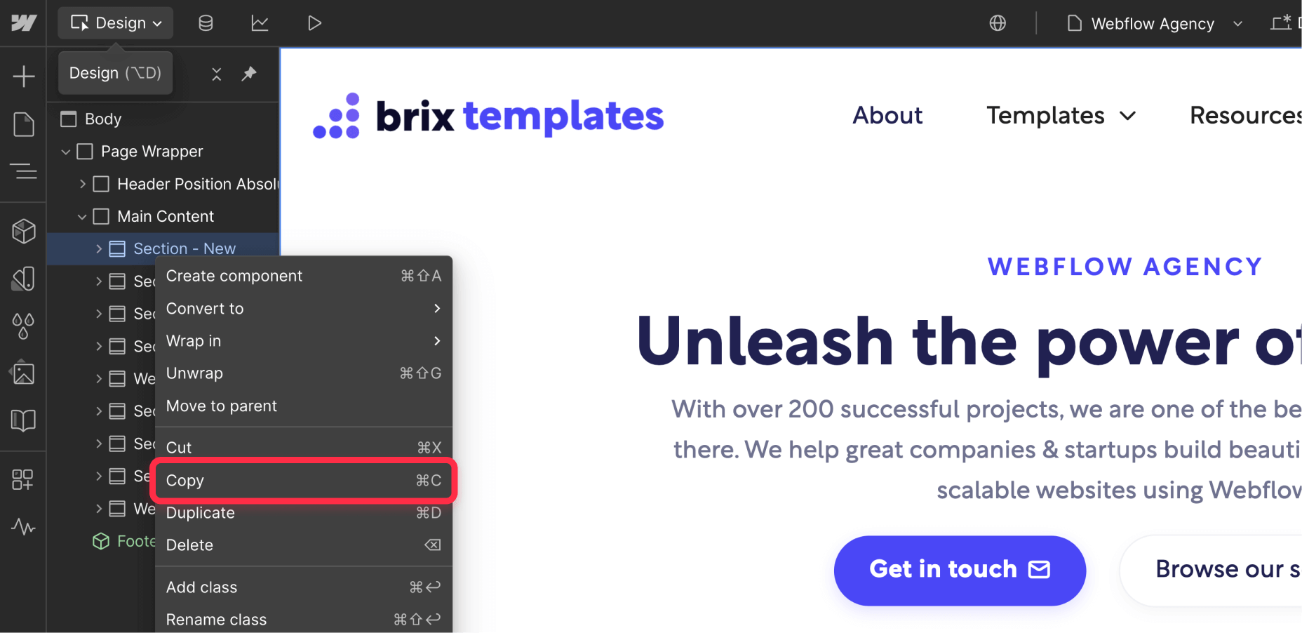 Copy section to restore on Webflow backup project
