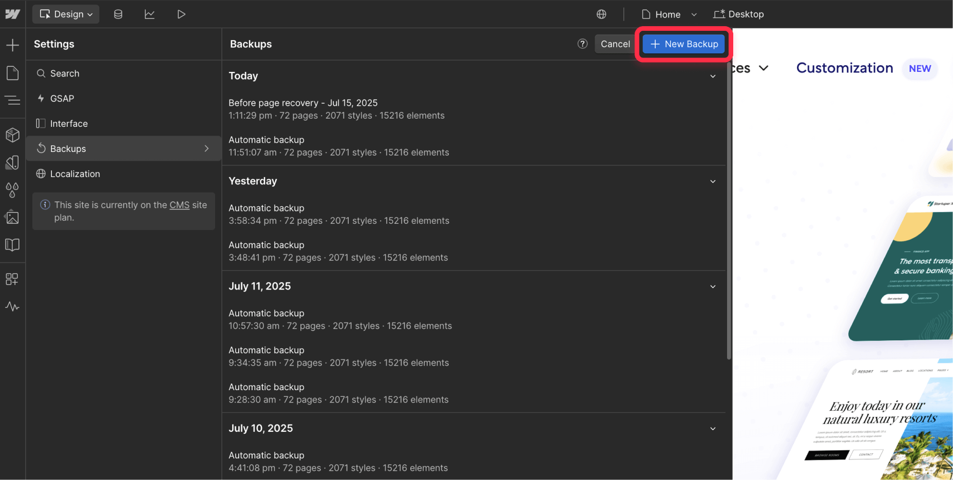 Create Webflow backup before restoring