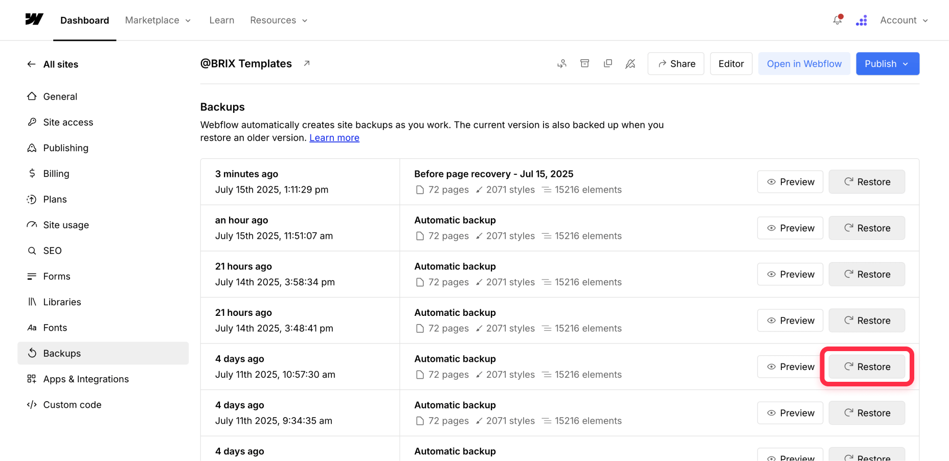 Restore old Webflow project to copy and paste page