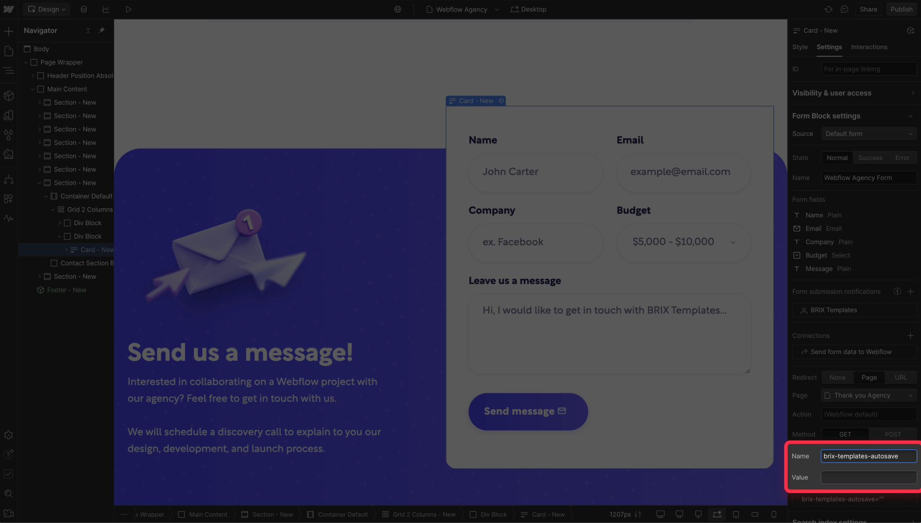 Add custom attribute to enable auto progress save on Webflow forms