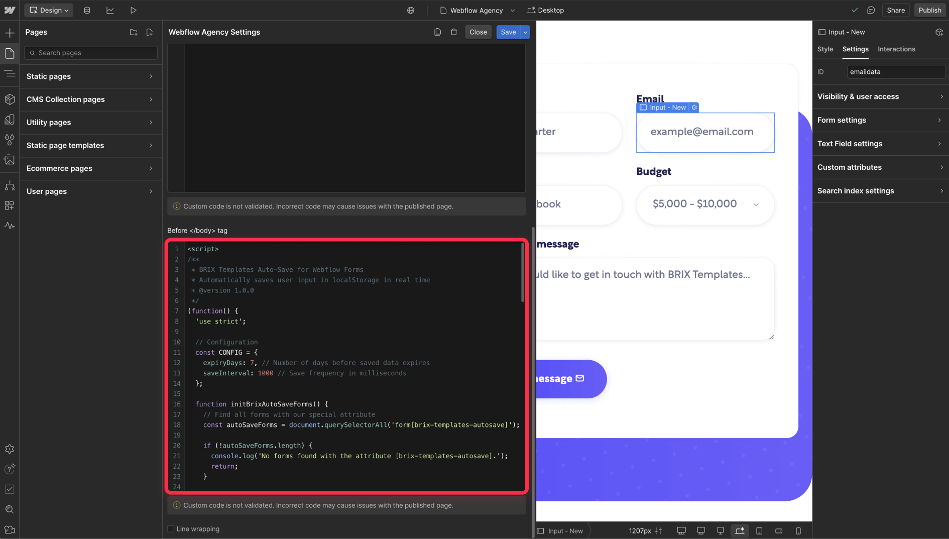 Add Webflow form auto save progress script to page