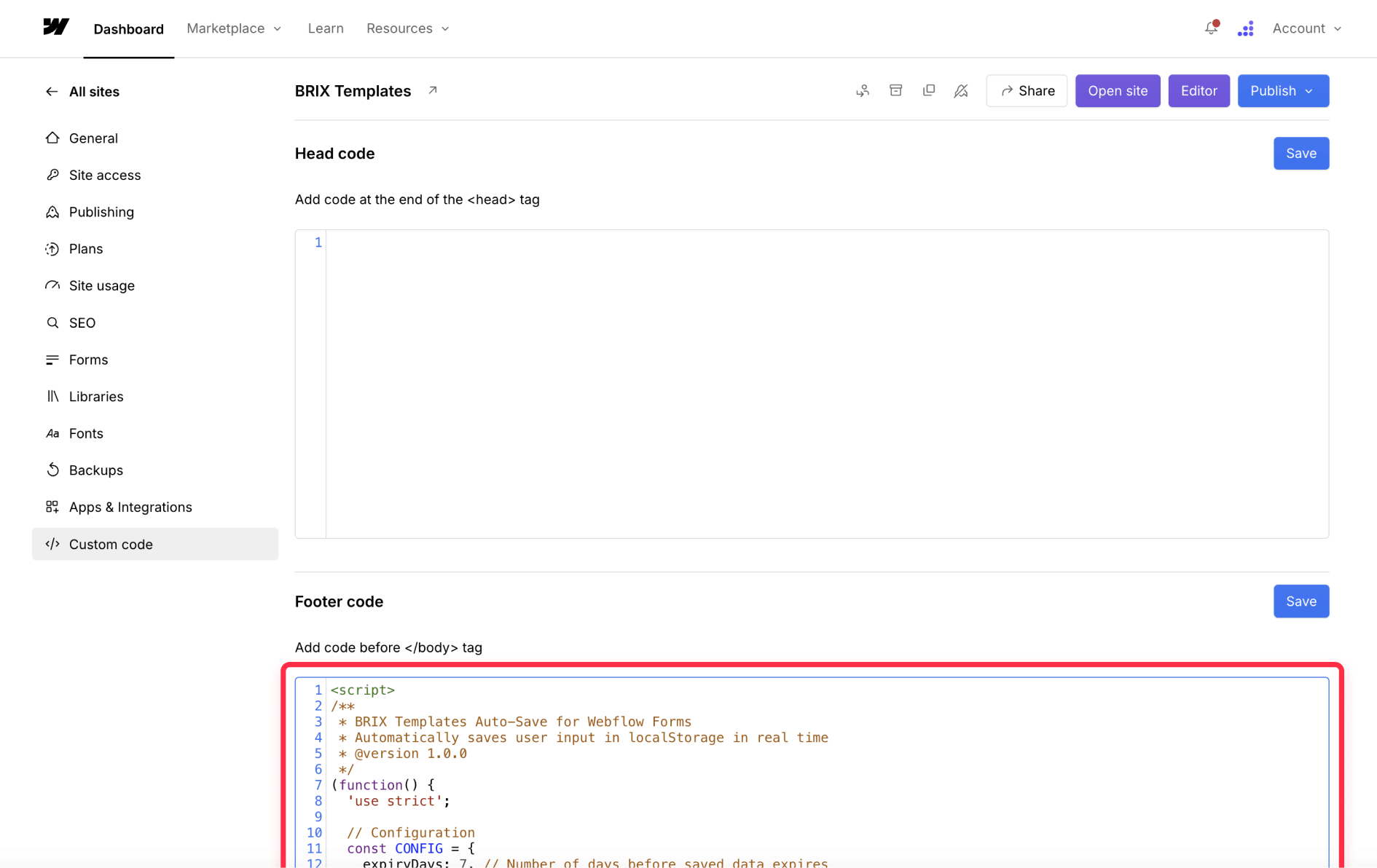 Setup Webflow custom code for Webflow forms auto save progress feature