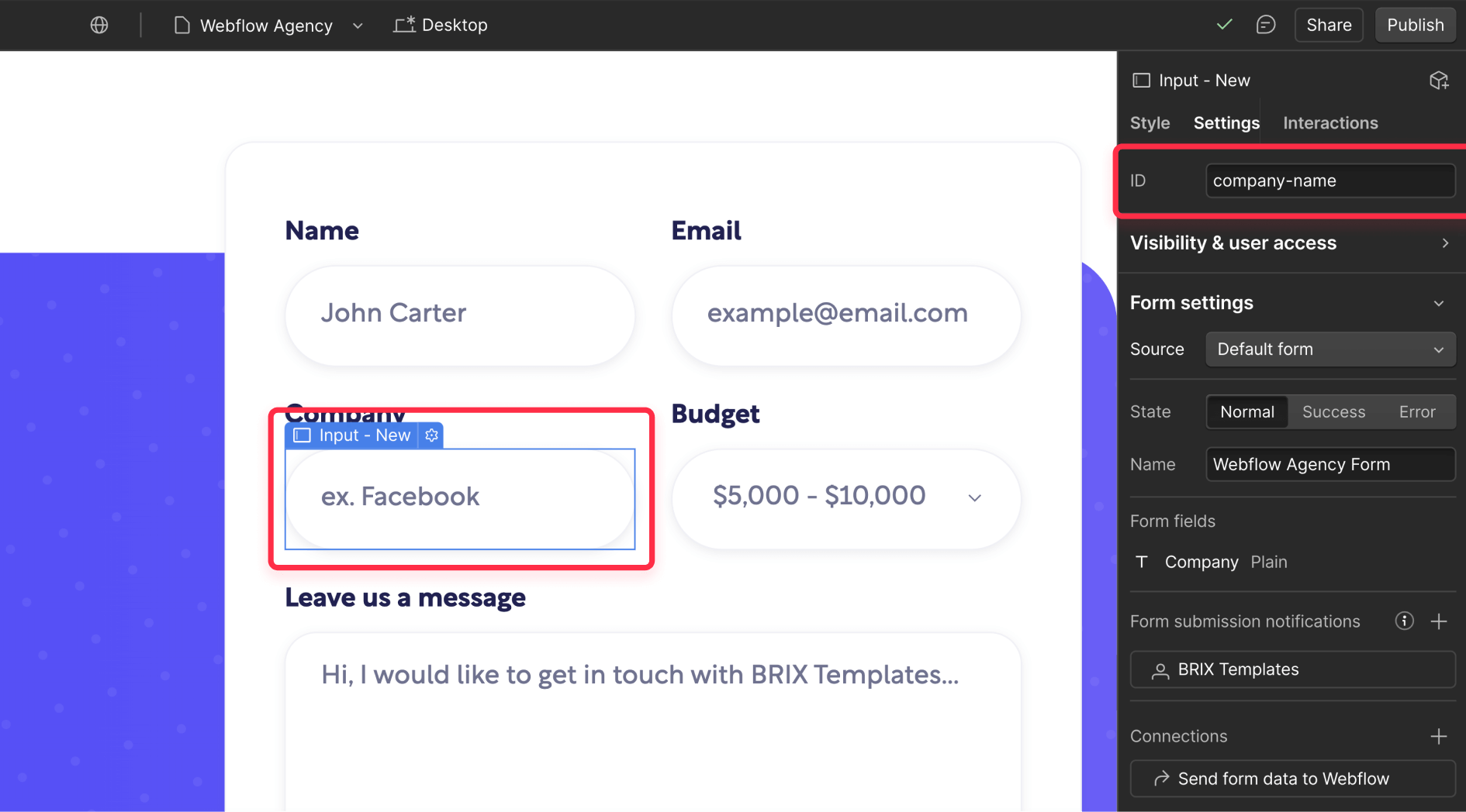 Setup Webflow form input IDs for form automatic save