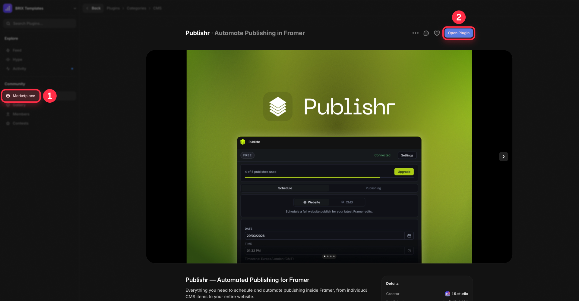 How to install the Publishr plugin for scheduled publishing in Framer