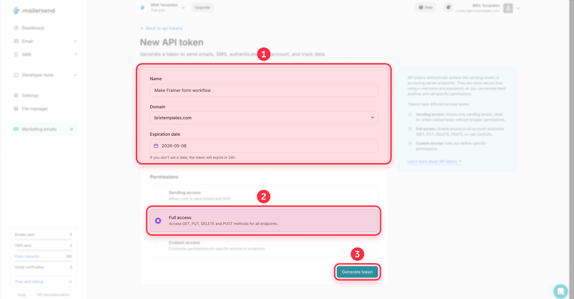 How To Generate The MailerSend API Token With Full Access