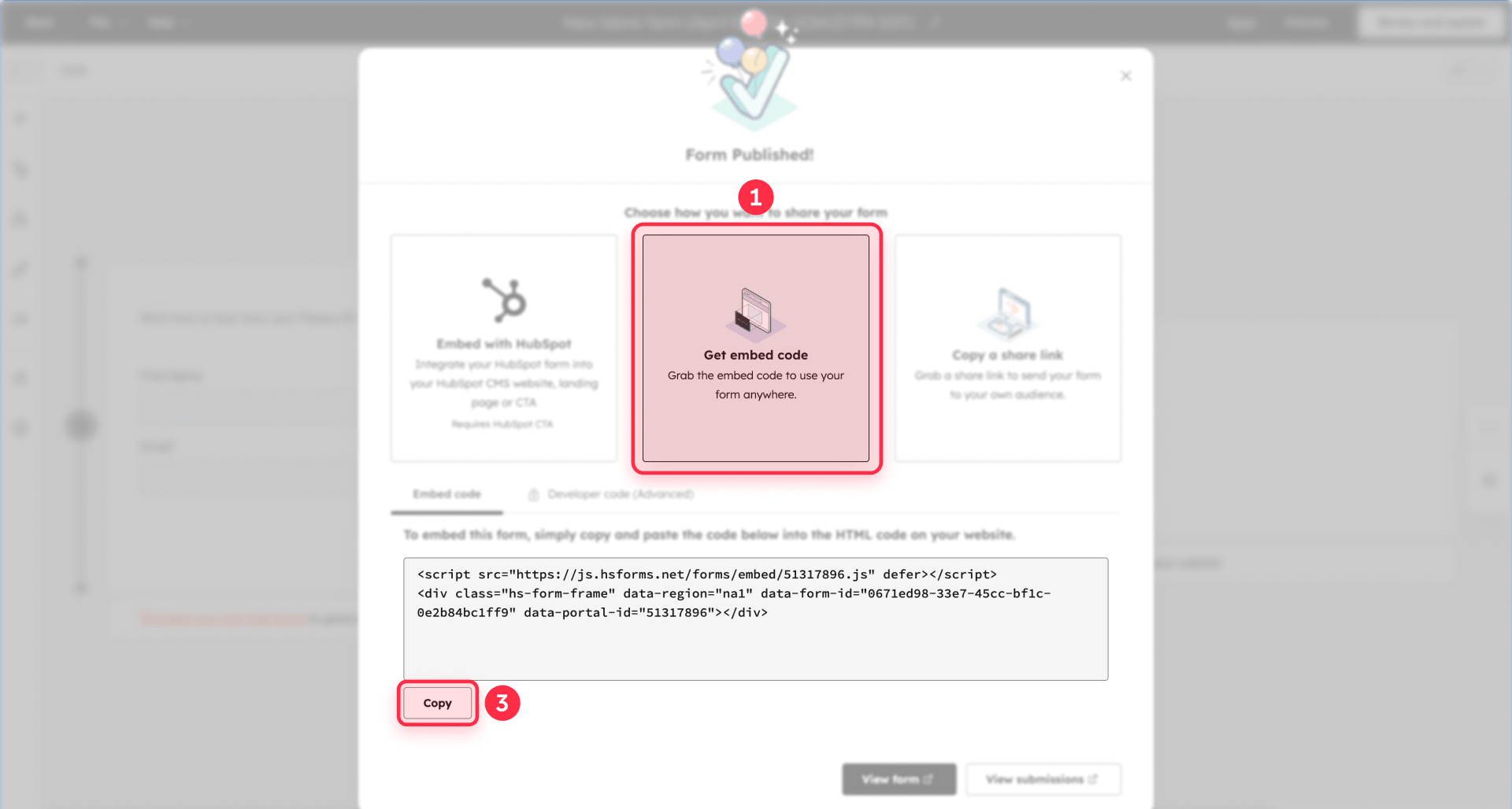 How To Select Get Embed Code And Copy The Code Of A HubSpot Form