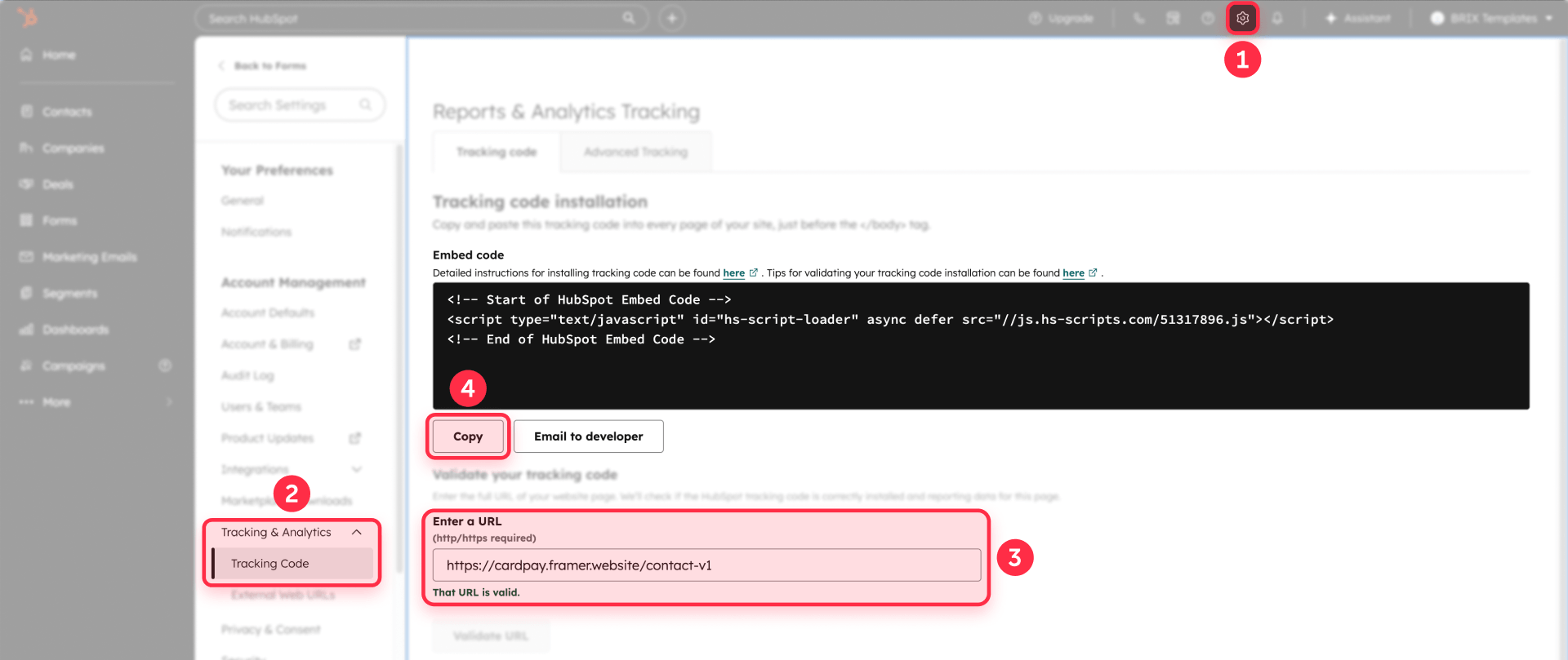 How To Validate The URL Of A Framer Site And Copy The Tracking Code In HubSpot