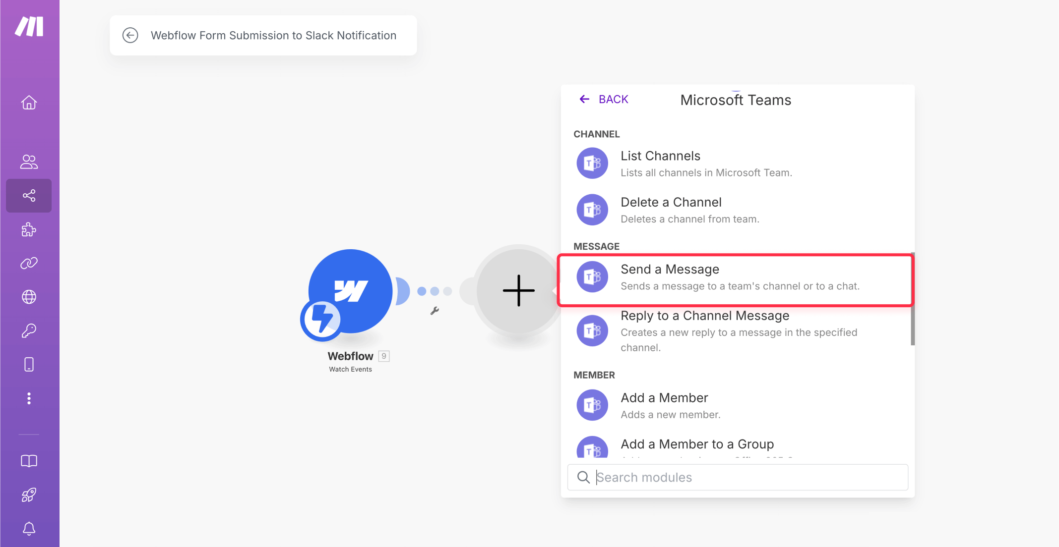 Adding Microsoft Teams notification module to Webflow automation showing Teams app selection