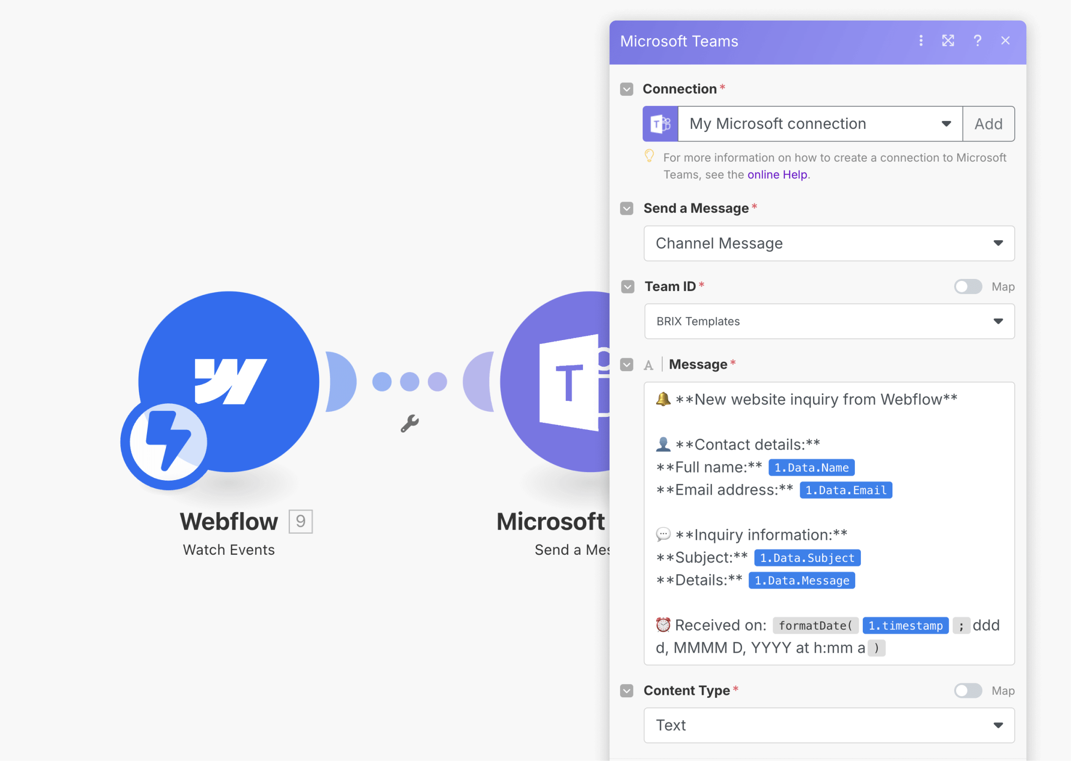 Configuring Teams message template with mapped Webflow form fields showing data mapping interface