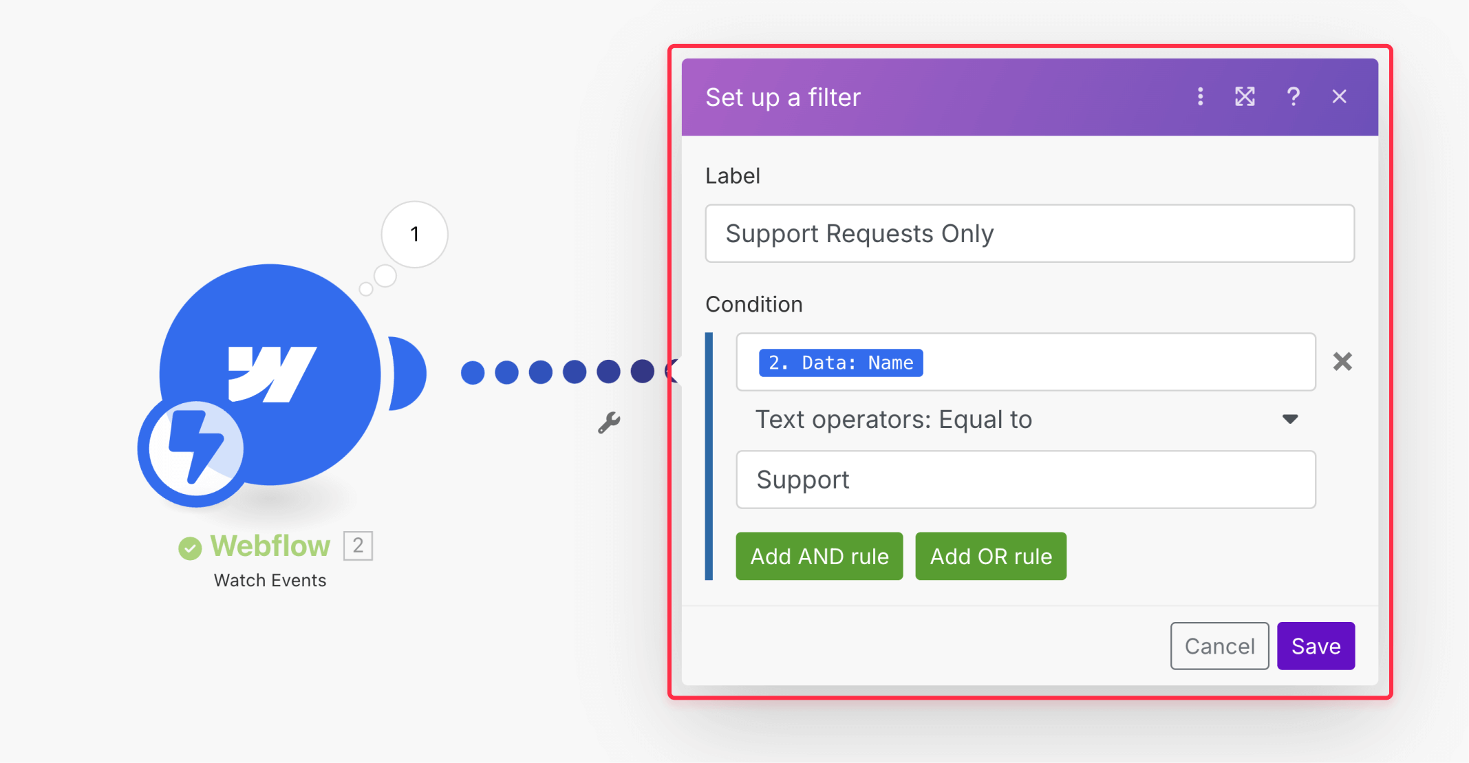 Implementing conditional routing for Webflow forms to Teams channels showing filter configuration