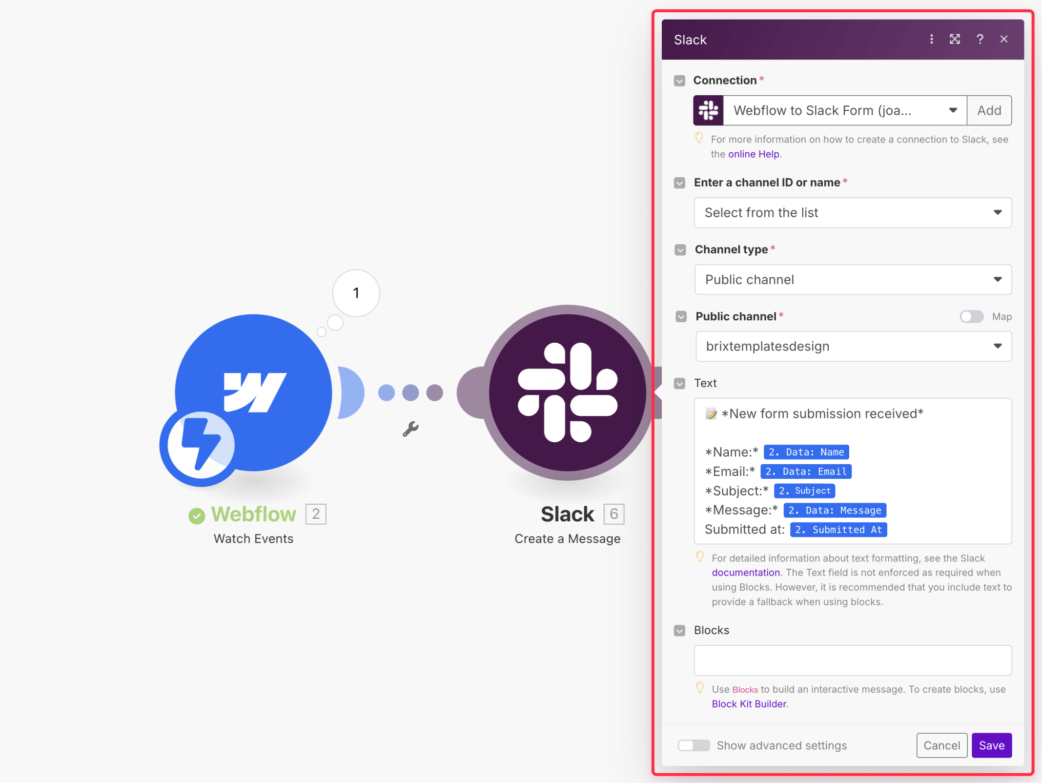 Configuring Slack message template with mapped Webflow form fields