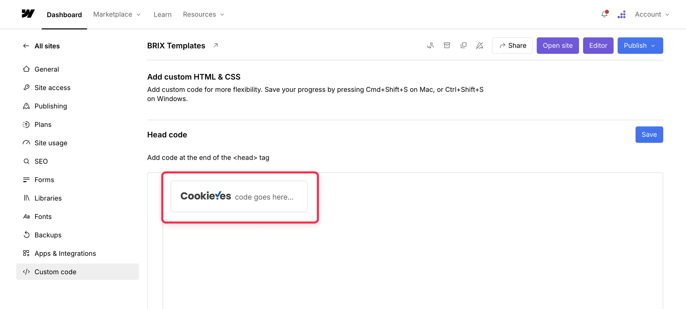 Add Cookieyes cookie consent widget on Webflow