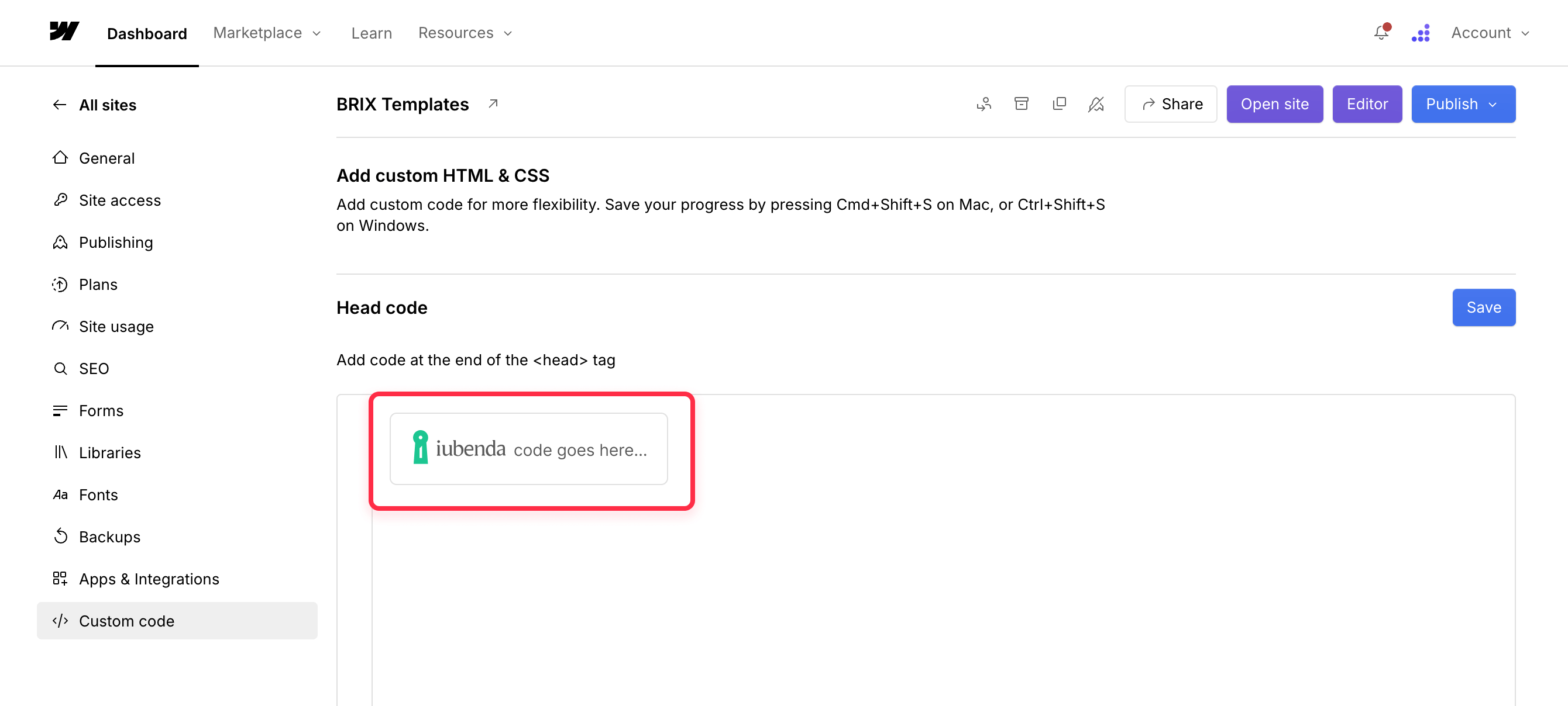 Add Iubenda cookie consent notification widget for Webflow