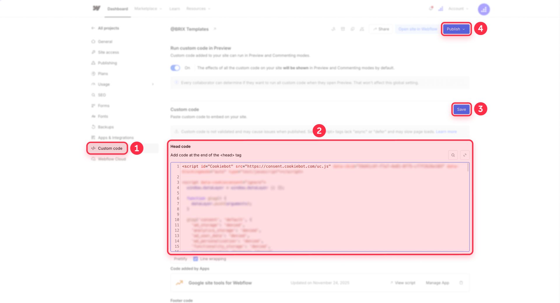 How to add the Consent Mode script to the Webflow head code