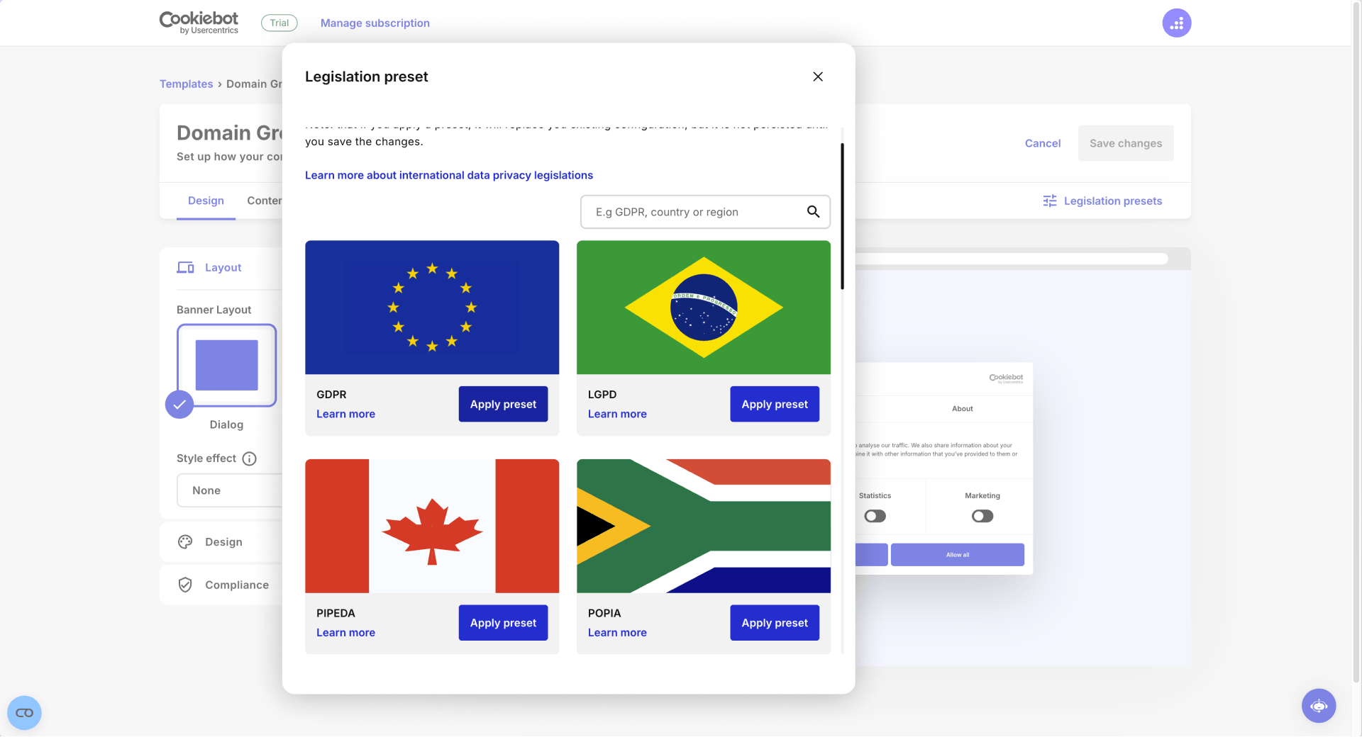 How to apply the legislation preset in Cookiebot for Webflow