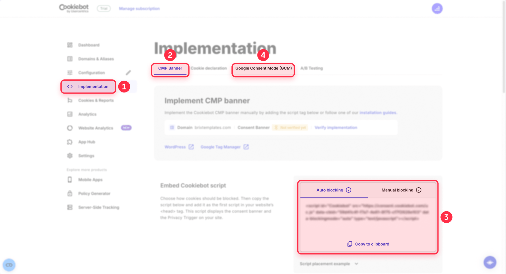 How to copy the Cookiebot script for Google Consent Mode in Webflow