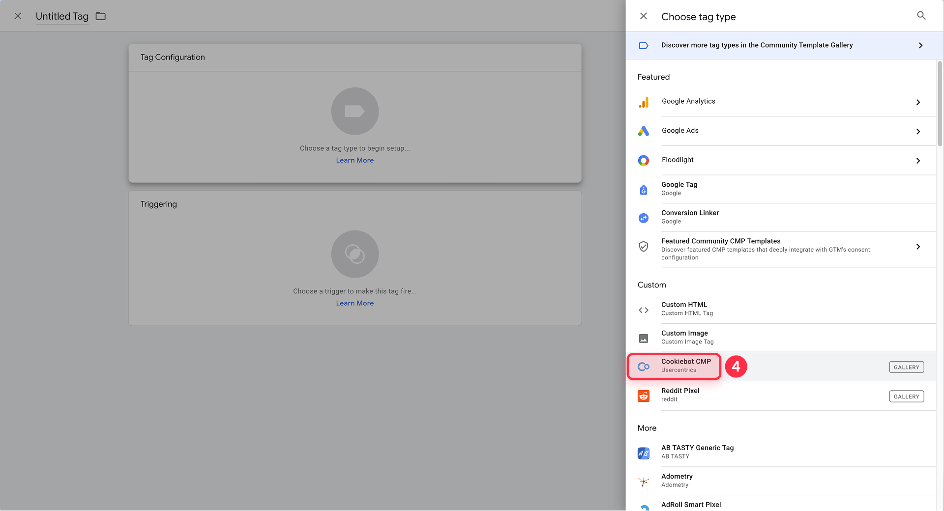 How to choose Cookiebot CMP as the Google Tag Manager tag type