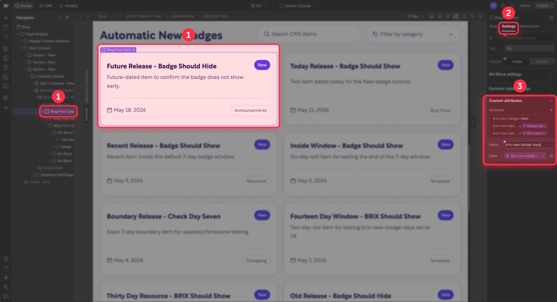 How To Add BRIX New Badge Attributes To The Webflow CMS Card