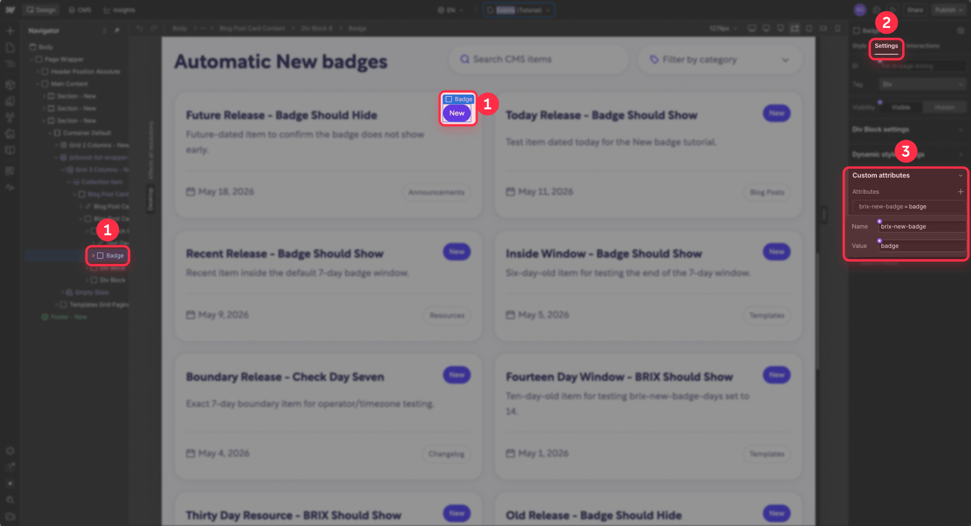 How To Add The BRIX New Badge Attribute To The Badge In Webflow CMS