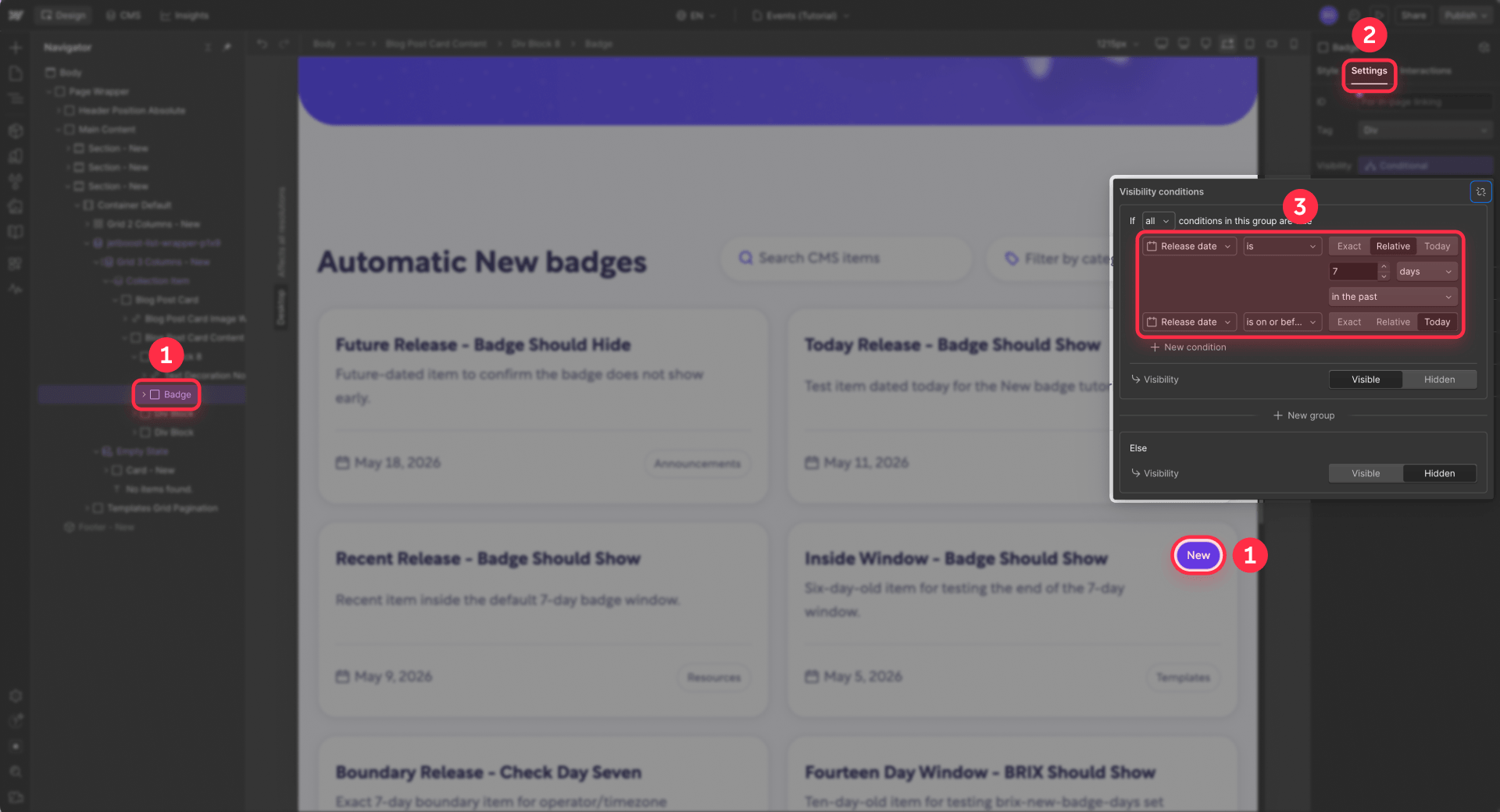 How To Configure The New Badge Visibility In Webflow CMS