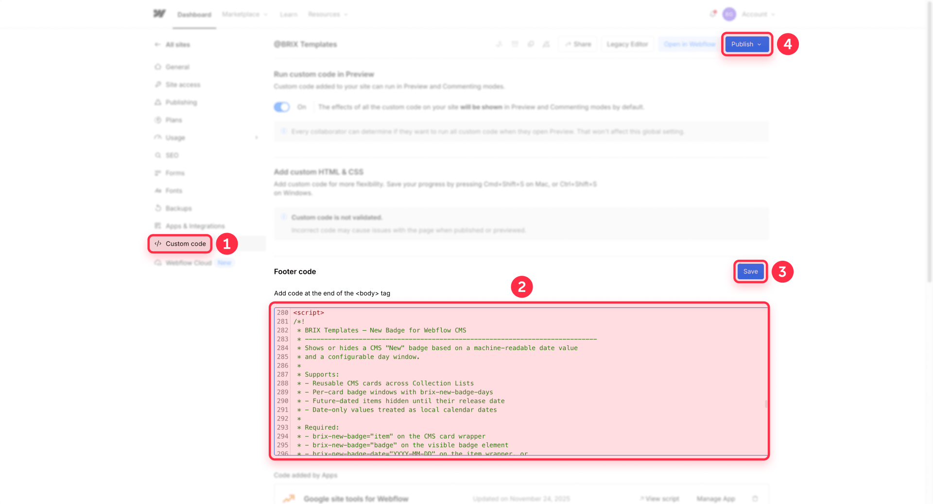 How To Paste The New Badge Script In Webflow Custom Code