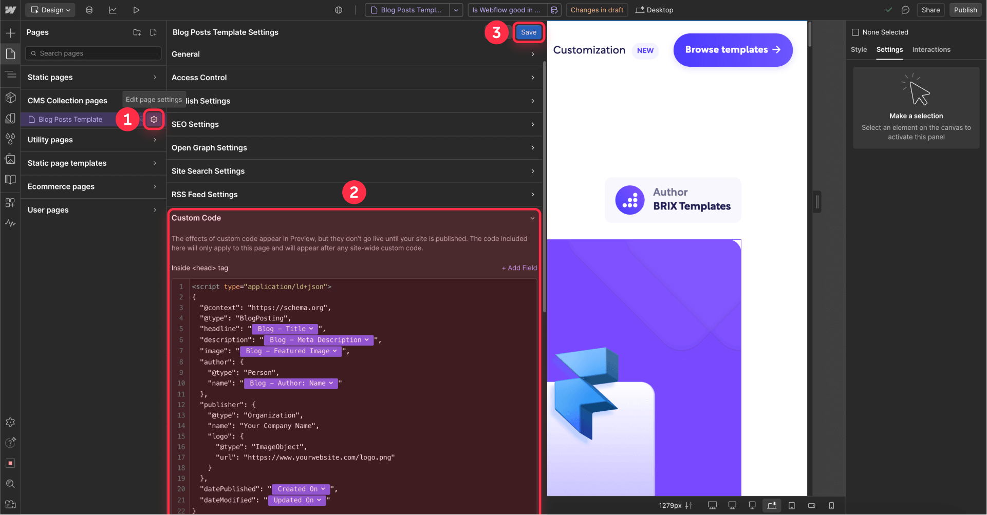 How to add Article schema custom code Webflow blog