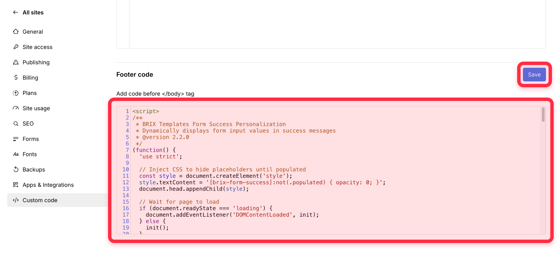 Add BRIX Templates Webflow form success personalization script