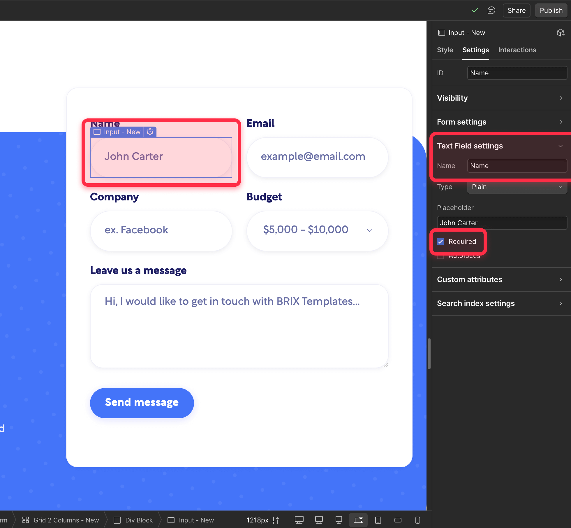 Configure Webflow form fields for custom success message