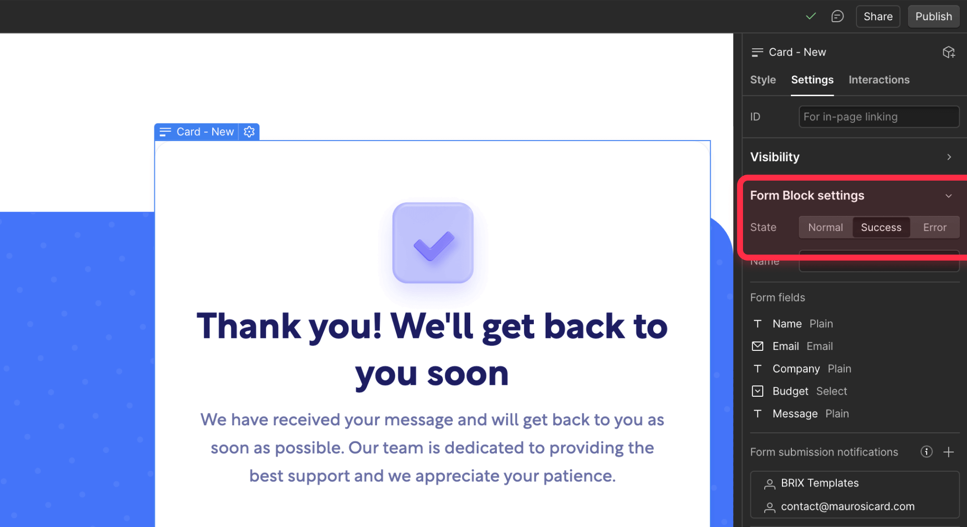 Edit Webflow form success state