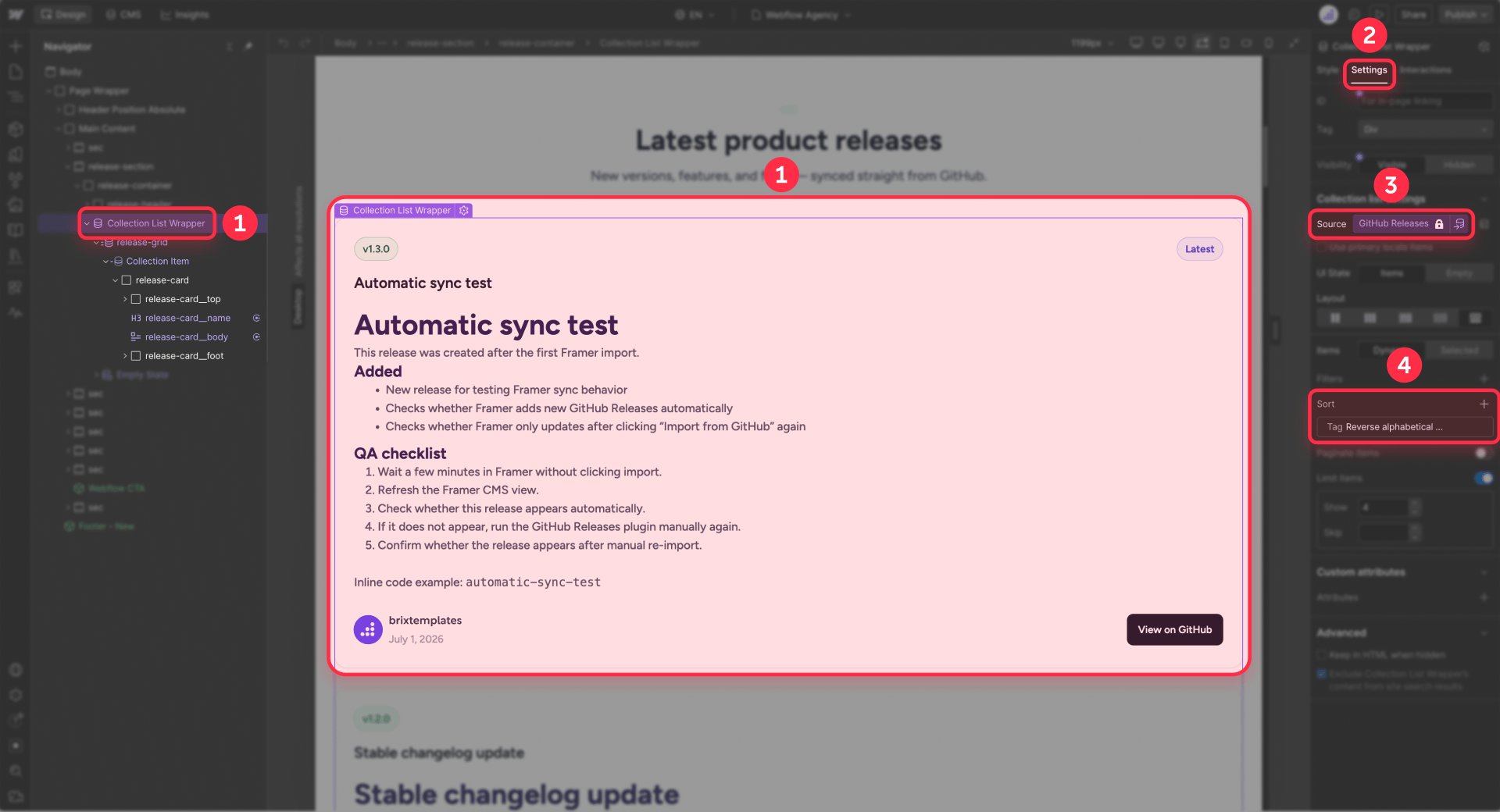 How to connect the GitHub Releases list in Webflow CMS