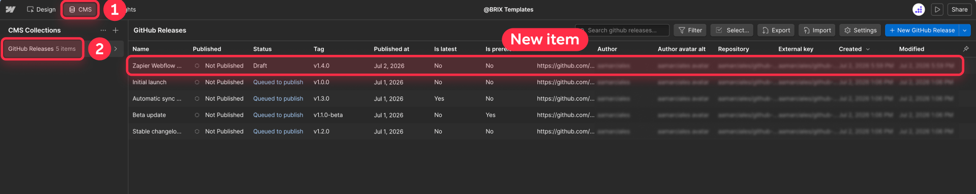 How to verify the new GitHub Releases item in Webflow CMS