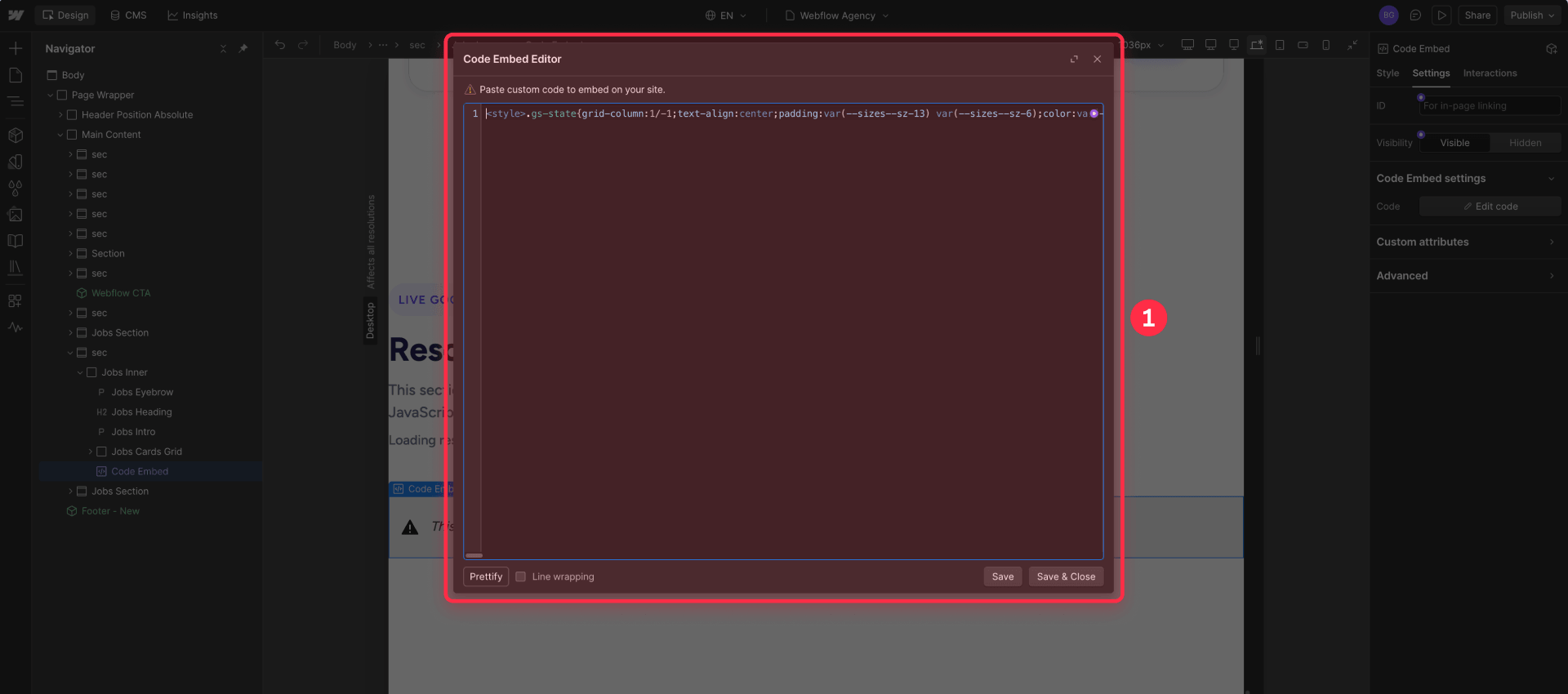 The Webflow Code Embed editor with the script for Google Sheets