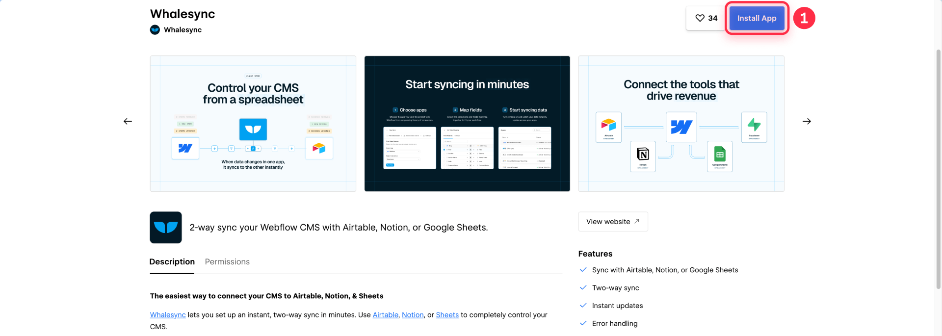 How to install the Whalesync app to connect Google Sheets with Webflow