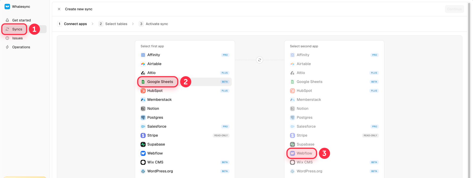 How to create a Whalesync sync between Google Sheets and Webflow