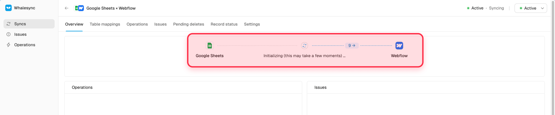 The Whalesync status for the sync between Google Sheets and Webflow