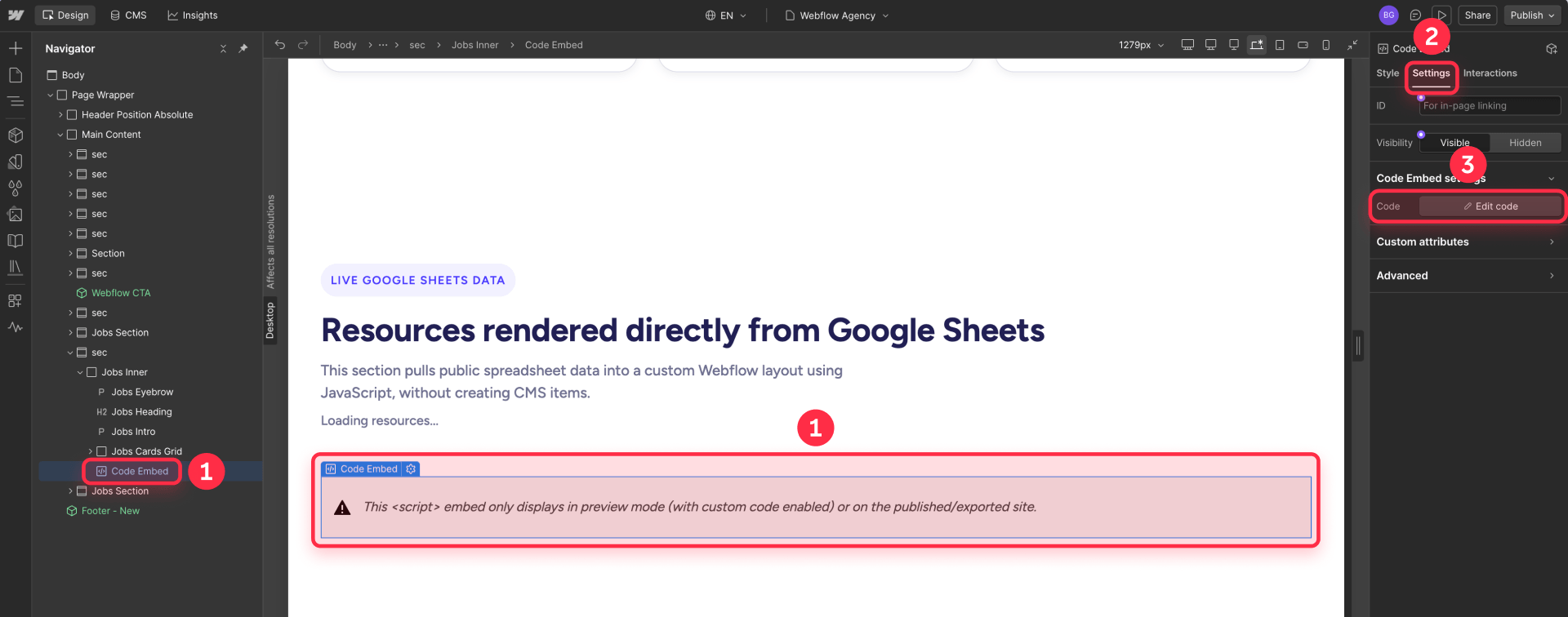 How to add a Code Embed in Webflow to render Google Sheets