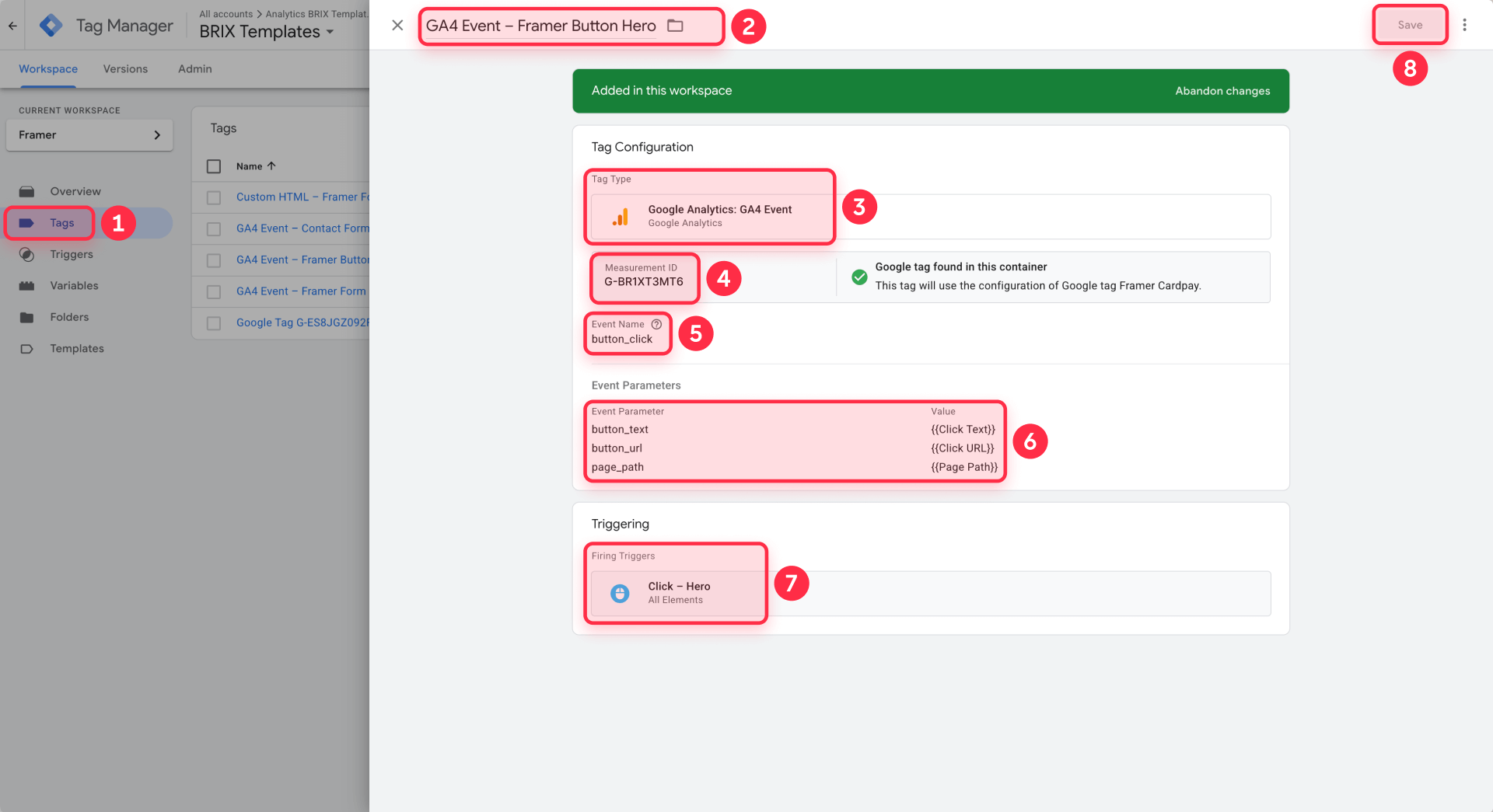 How to configure GA4 Event tag button click hero contact with parameters Framer GTM