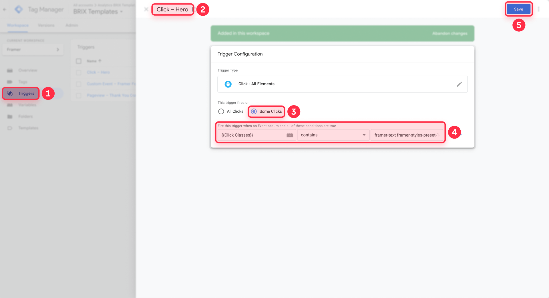 How to configure Some Clicks with Click Classes contains framer styles preset GTM