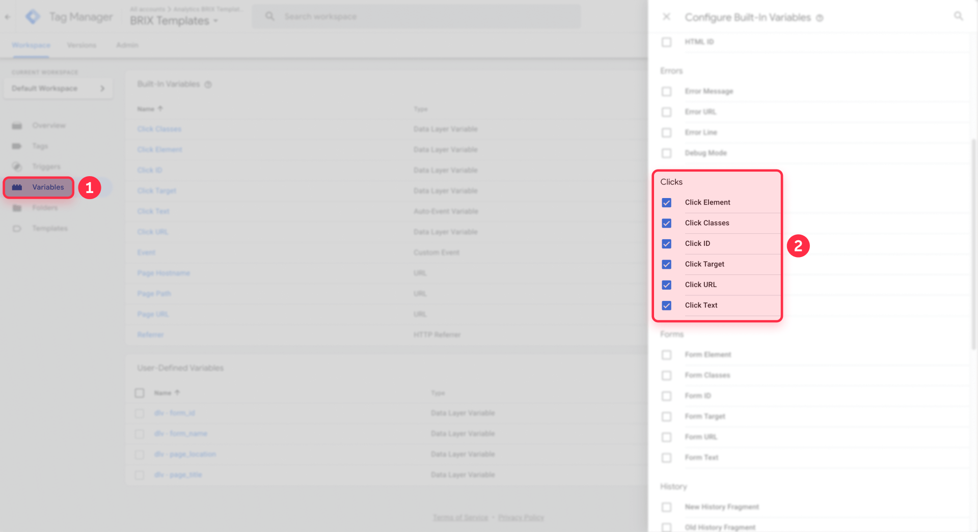 How to enable Click Variables in GTM Built in Variables for Framer button tracking