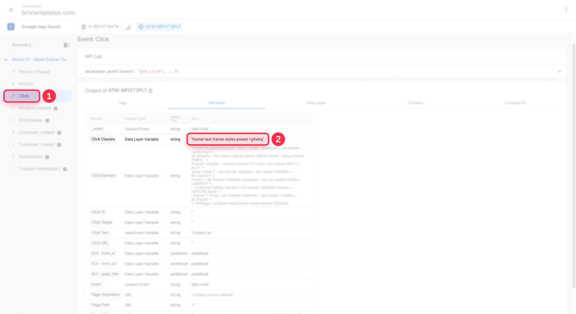 How to inspect Click Classes framer text framer styles preset in Tag Assistant GTM