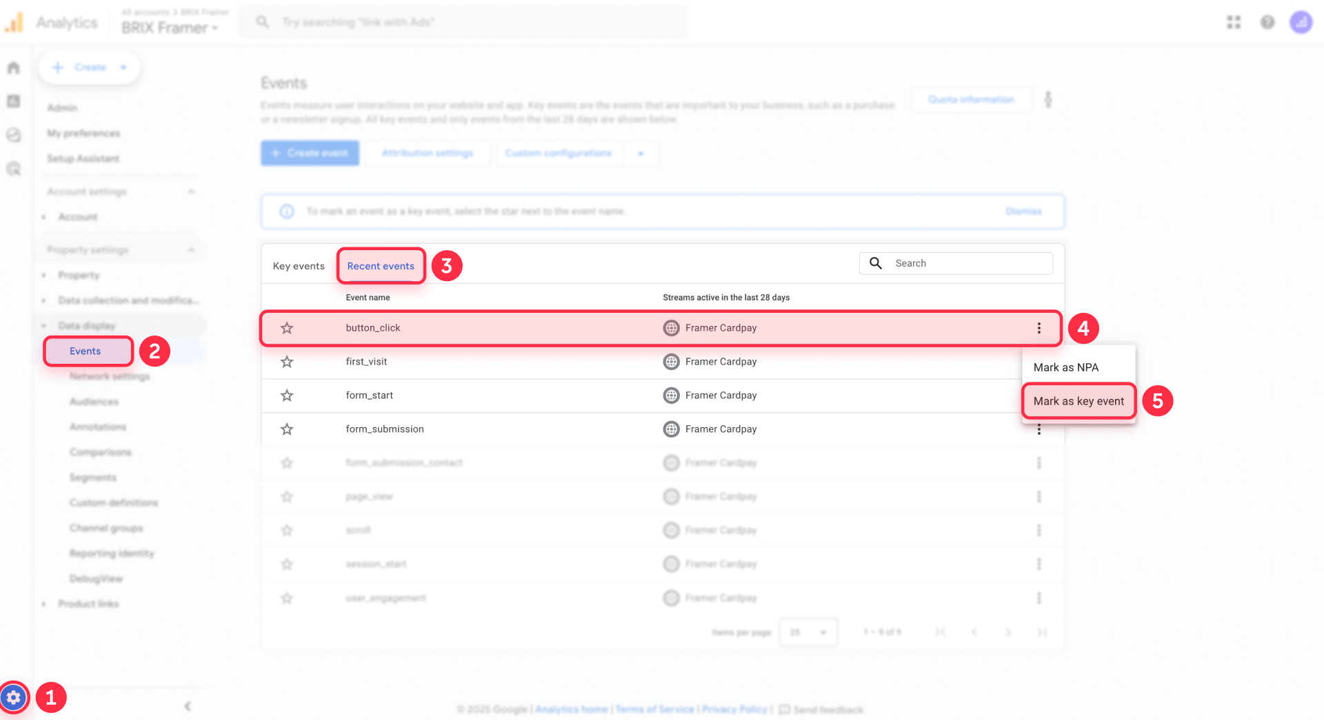 How to mark button click as key event in GA4 Events for Framer conversions