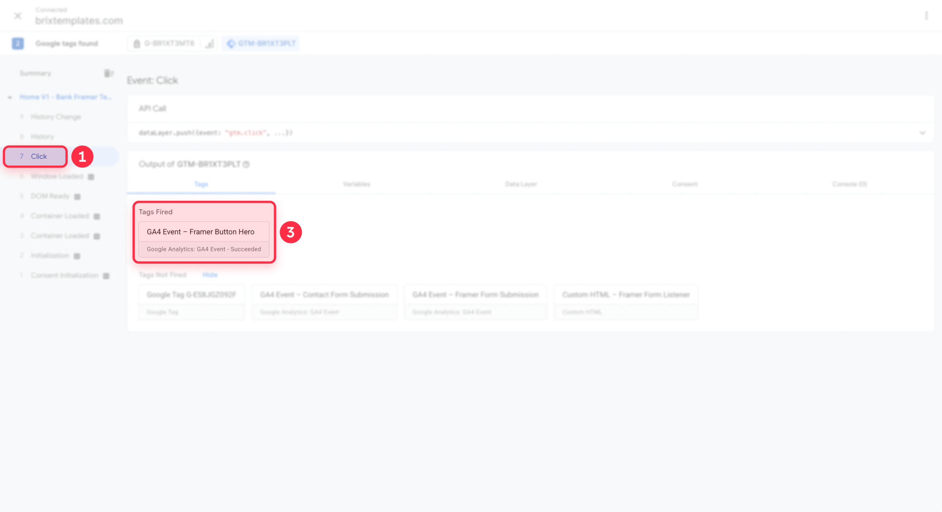 How to verify GA4 Event Framer Button Hero fired in GTM Tag Assistant Tags Fired