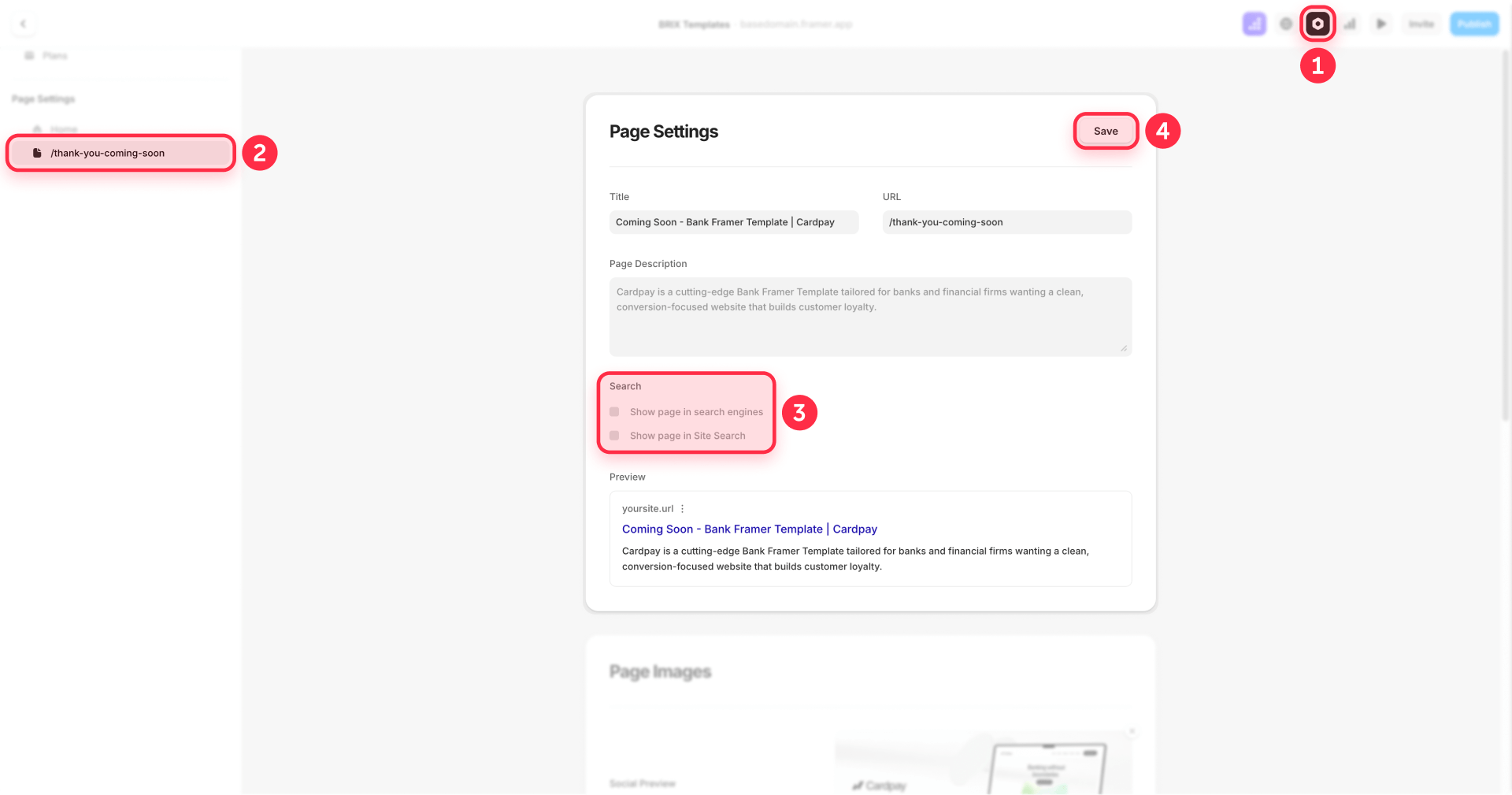 Configure confirmation page Framer exclude from search results for GA4 tracking