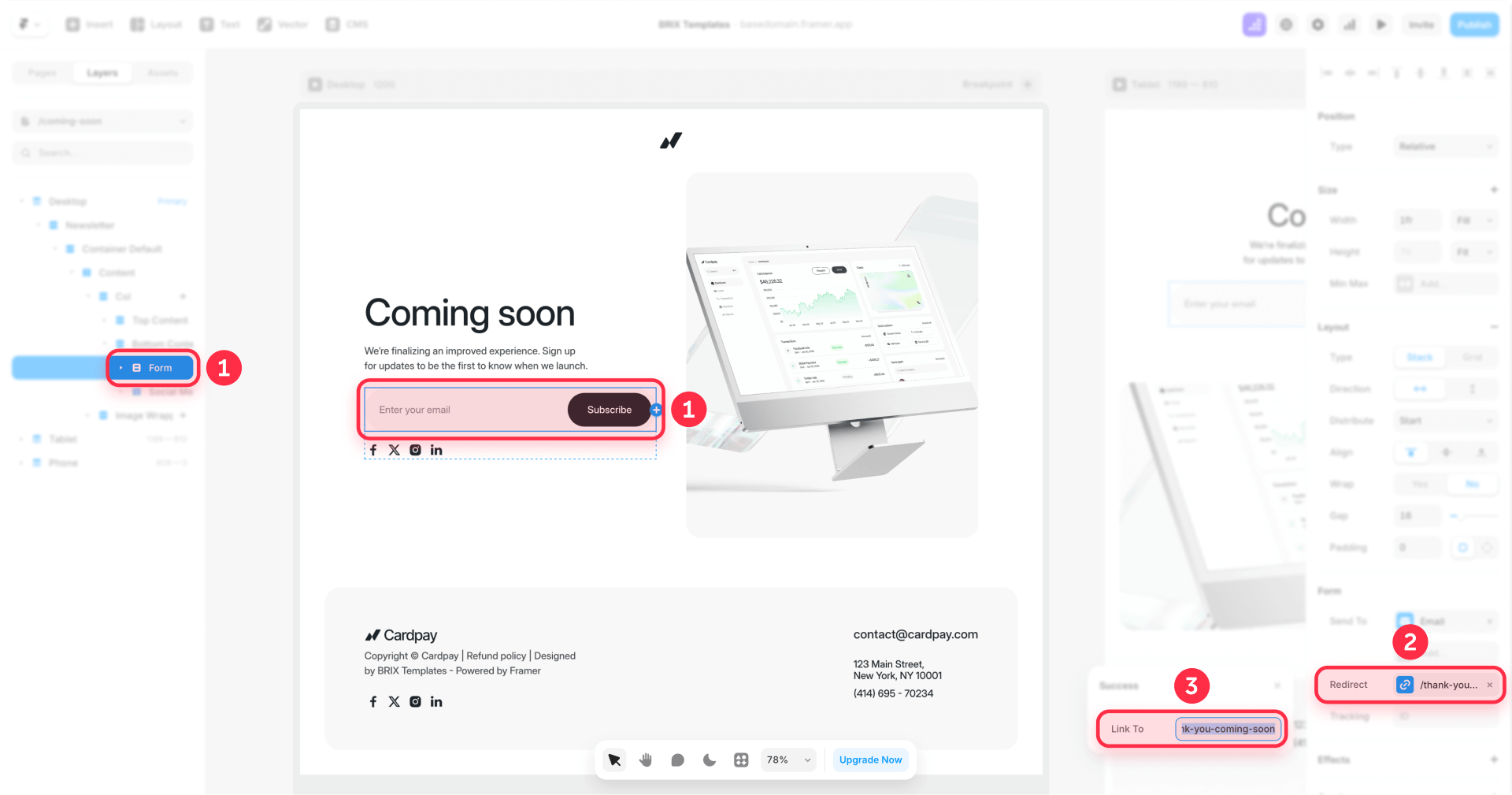 How to configure redirect in Framer form for Thank You page