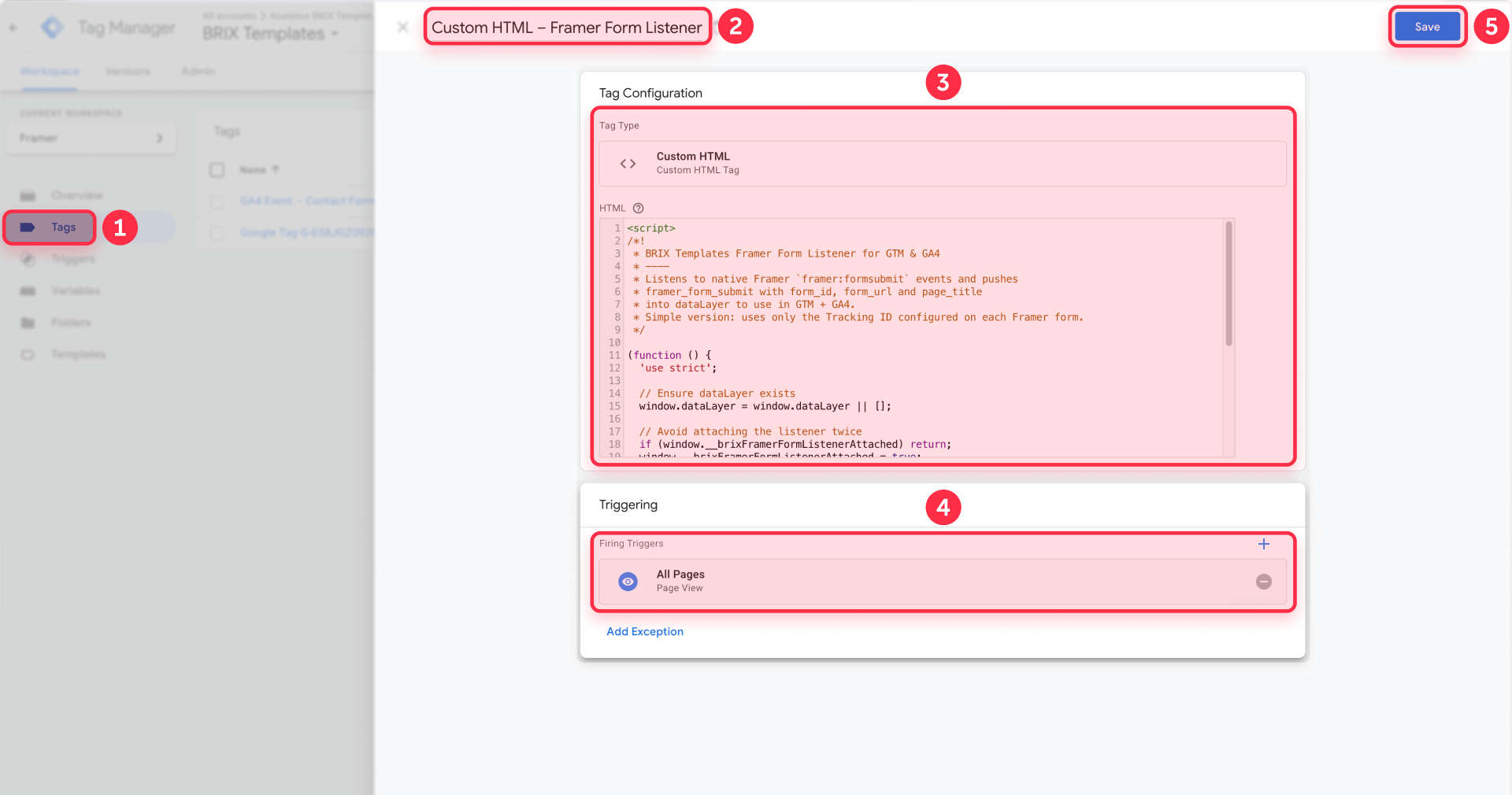 How to create Custom HTML tag with Framer form listener script in Google Tag Manager